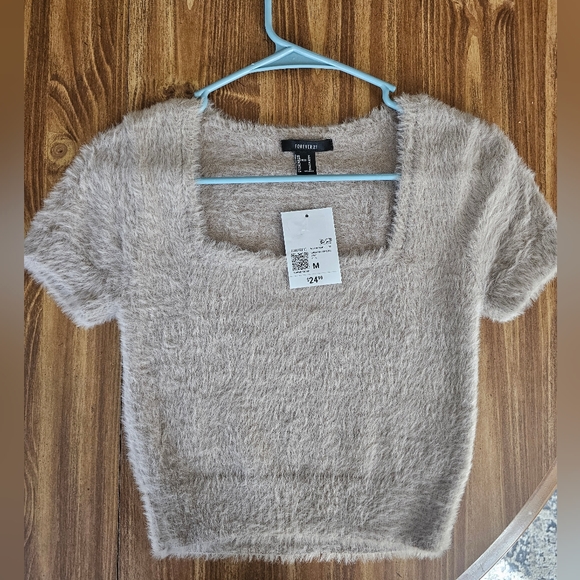 Beige Cropped Fuzzy Sweater Knit Tee, Forever 21 - Picture 2 of 5